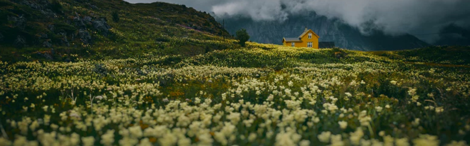 A landscape picture of mountainous meadow with a yellow colored house at a distant.